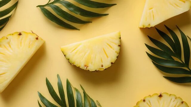 Pineapple slices arranged on a bright yellow background with green tropical leaves.