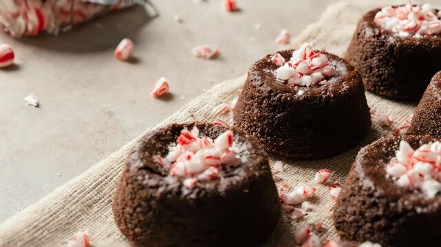Gourmet chocolate brownie with peppermint on cloth