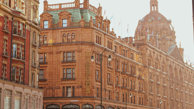 Iconic Harrods department store with golden lighting in central London,25.10.2025,UK ,London