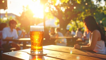 outdoor beer garden bar with people in golden hour sunshine