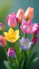 Fototapeta premium Smiling flower buds, pastel rainbow hues, joyful blooms, white background, joyful art