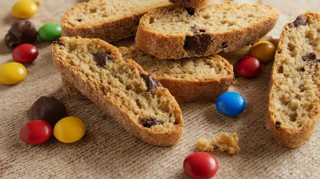 Close-up of baked chocolate chip biscotti arranged with candy on burlap fabric