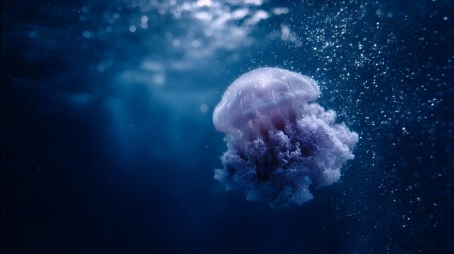 A translucent purple jellyfish drifts gracefully in the deep blue ocean illuminated by ethereal light and surrounded by tiny bubbles