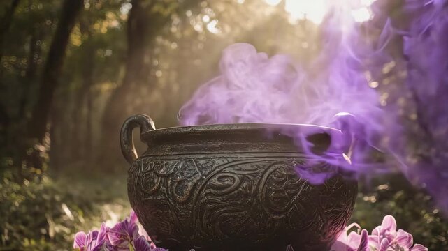 A mystical cauldron with purple smoke rising amongst forest flora