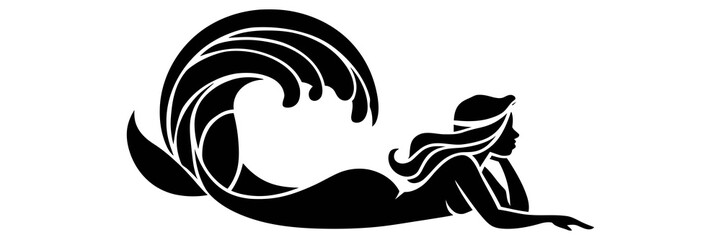 Stylized black silhouette of a mermaid resting against a large wave isolated on transparent background