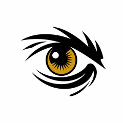 Stylized golden eye with sharp black eyelashes and iris details isolated on transparent background