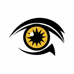 Stylized graphic of a fierce yellow eye with a spiky black pupil and black eyelashes isolated on transparent background