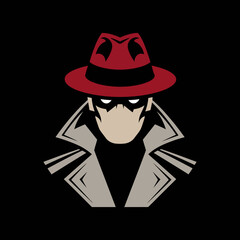 Stylized illustration of a mysterious detective in a red fedora and trench coat isolated on transparent background