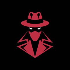 Stylized red detective or spy character wearing a fedora hat and trench coat isolated on transparent background