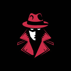 Stylized red trench coat detective wearing a fedora hat with a hidden face isolated on transparent background