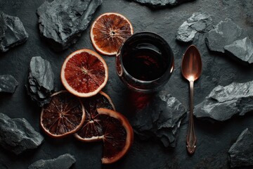 Overhead shot of a glass of dark red wine with dried oranges and coal