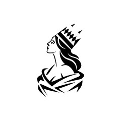 Elegant black silhouette of a queen wearing a crown and flowing hair isolated on transparent background