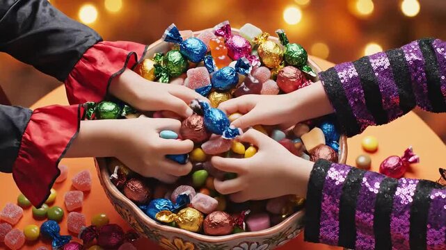 children in halloween costumes taking candy from a bowl, orange bokeh light background