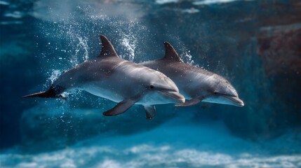 Fototapeta premium Two dolphins swim gracefully together in the clear blue underwater of the ocean