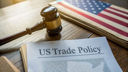 US Trade Policy document with judge gavel and American flag, tariffs, global trade tensions, economic regulations, international relations, protectionism concept, export import restrictions