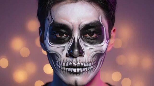 young man's face with butterfly makeup transforms into spooky skull makeup