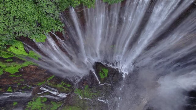 Aerial drone view of Tumpak Sewu waterfall, East Java, Indonesia