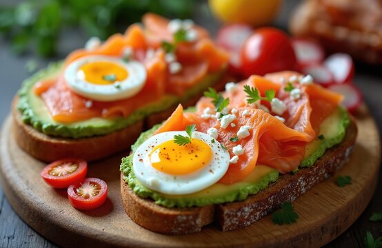 Two tasty open faced sandwiches with rye bread, sliced avocado, smoked salmon, poached egg, and feta cheese sprinkled on top. Served on wooden board with cherry tomatoes and radishes.