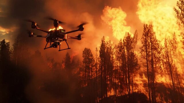 Aerial Spectacle: A drone navigates a raging wildfire, capturing its power and devastation amidst the burning trees and sky.
