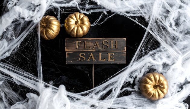 Halloween Flash Sale Sign on Dark Velvet with Golden Pumpkins