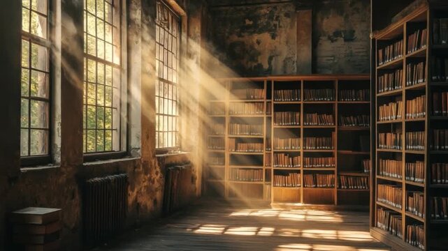 Solitude of Knowledge: A sunlit library bathed in golden light, inviting reflection and a pursuit of knowledge.