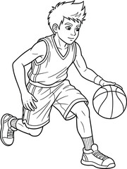Black and white line art illustration of a young boy dribbling a basketball, perfect for sports, youth activity, or educational coloring page content