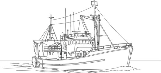 Fishing boat line art illustration sailing on calm waters, detailed vessel design perfect for maritime, nautical, seafood, or ocean industry-themed vector content.