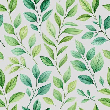 Seamless pattern with green leaves watercolor