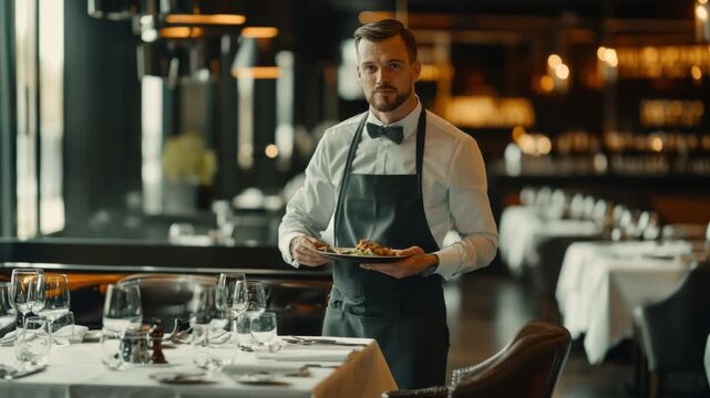 Fine Dining Service: A well-groomed waiter, embodying attentiveness, delivers an impeccably presented dish to a refined dining area.