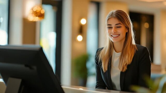 Welcoming Receptionist: A friendly receptionist, radiating professionalism and warmth, is shown, ready to assist guests and create a positive first impression. Capturing the essence of hospitality.