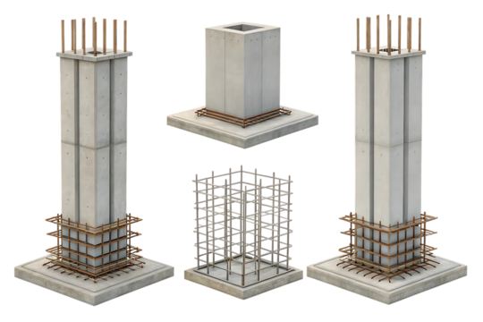Construction concrete pillars and rebar assembly for structural support elements
