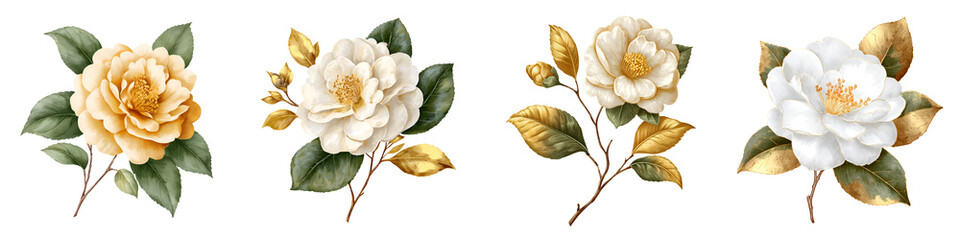 Floral Watercolor Set: Delicate Camellia Flowers with Green and Gold Leaves on White Background, Botanical Illustration for Cards and Invitations