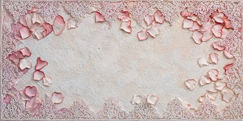 Romantic lace and rose petals background with soft pink tones, elegant wedding or Valentine’s Day florals texture with copy space for invitation, website banner or greeting design.