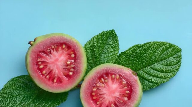 Two pink guava halves with seeds, resting on green mint leaves against a blue background.