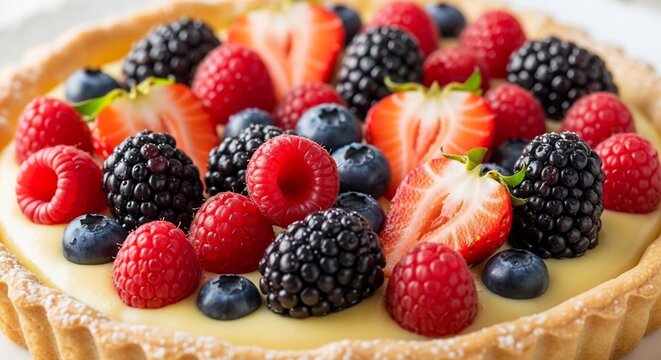 A closeup of a berry tart with custard filling and a fluted crust