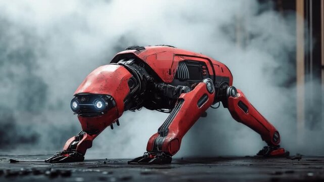 Robot's Crimson Stance: A state-of-the-art robotic creation, gleaming in vibrant crimson, strikes a dynamic pose in an environment filled with a mysterious fog.