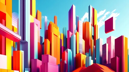 Obraz premium A colorful artistic abstract city illustration, a vibrant modern cityscape, featuring diverse buildings against a blue sky