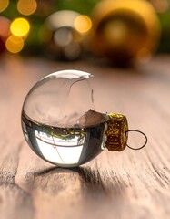 A broken, clear glass ornament sits on a wooden surface, reflecting a green scene. Other baubles and blurred lights
