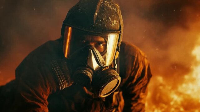 Courage in Flames: A firefighter, cloaked in protective gear and a gas mask, fearlessly confronts a raging inferno, the intense heat and billowing smoke a testament to their bravery.