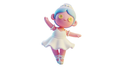 Cute Cartoon Ballerina Doll with Button Eyes in White Tutu Dress.