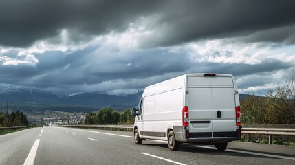 White delivery van driving on highway with cloudy sky and mountain background