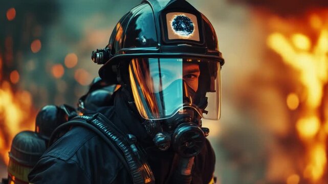 Courage Under Fire: A determined firefighter, encased in protective gear, stands bravely amidst the chaos of a raging inferno, showcasing resilience and dedication.