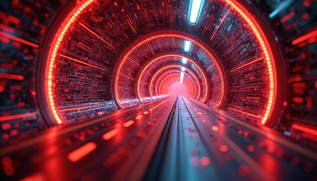 Futuristic digital tunnel with glowing red and blue lights, representing a pathway into advanced technology and innovation, abstract data stream, virtual reality, metaverse journey. - Powered by Adobe
