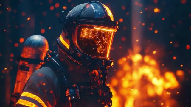 Brave Firefighter Amidst the Inferno: a portrait of a courageous firefighter fearlessly confronting a raging fire. Captured in the heat of the moment.