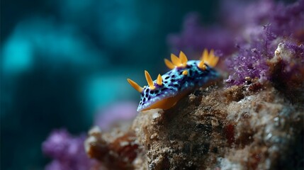 Fototapeta premium Vibrant nudibranch with blue purple and yellow patterns rests on a textured coral reef underwater