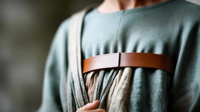 Close-up of hands gripping the fabric of layered robes cinched with a brown belt.