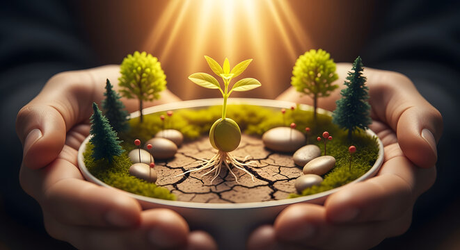 Nurturing Seedling in Hands with Sunlight and Natural Elements