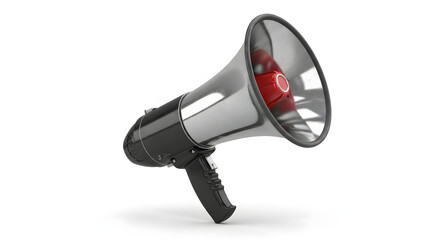 A red megaphone or bullhorn for loud public announcement and communication, isolated on a white background