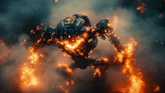 Fiery Mechanical Creature: A imposing mechanical entity erupts in flames and smoke against an atmospheric, and capturing the energy and drama.