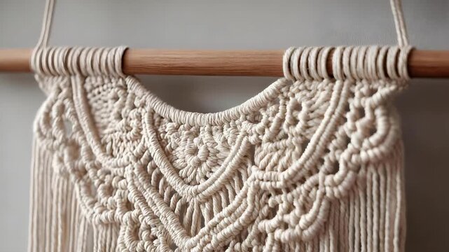 Close-up of a macrame wall hanging with intricate knotted patterns on a wooden rod.